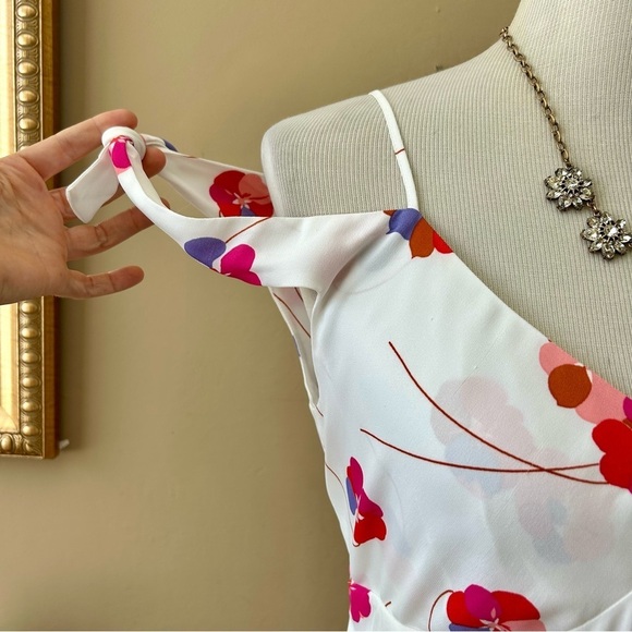 Lewit Tie Sleeve Off Shoulder Floral Asymmetrical Maxi Dress White Pink Size 8 - Picture 12 of 16